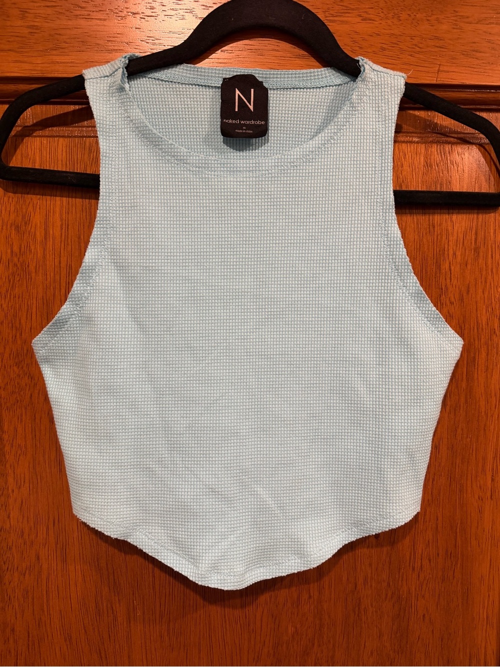 Naked Wardrobe Light Blue Ribbed Cropped Raw-Edge Cropped Tank Top